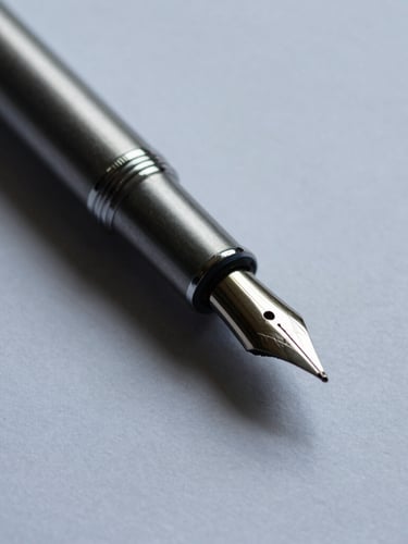 Macro photograph of a heavy silver fountain pen resting on a crisp financial document, sharp focus, cool overcast daylight, deep navy shadows, architectural precision.