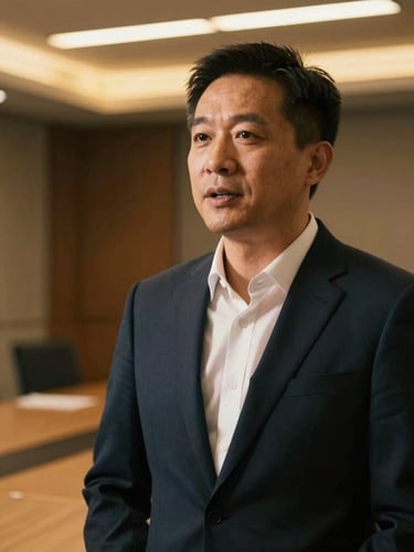 A premium, close-up editorial portrait of an executive corporate trainer speaking confidently in a modern, high-contrast boardroom with warm gold lighting accents, shallow depth of field, 35mm