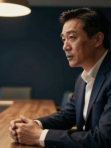 Cinematic medium-closeup of a corporate executive speaking at a modern high-end boardroom table, warm gold key light, deep navy shadows, shallow depth of field, 35mm