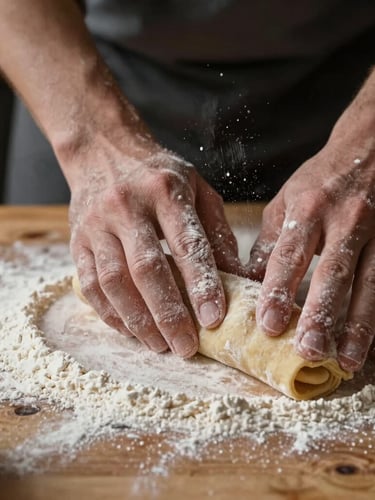 Extreme close-up of a rustic wooden table, hands dusting flour over freshly rolled pasta dough, soft side daylight highlighting individual flour particles in the air, moody atmosphere.