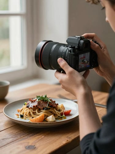 Hands of a content creator holding a professional camera, framing a rustic plate of food on a wooden table, soft window light.