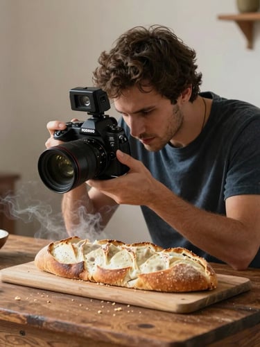 Fotógrafo ajustando câmera profissional para capturar fumaça saindo de um pão de fermentação natural recém-assado sobre mesa rústica