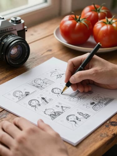 Close-up of hands sketching a storyboard on a rustic wooden table, next to a vintage camera and a plate of fresh heirloom tomatoes, soft side-lighting from a nearby window.