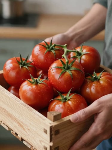Close-up shot of hands holding a rustic wooden crate filled with fresh heirloom tomatoes, soft side daylight highlighting the rich red skins and green vines, kitchen background out of focus.