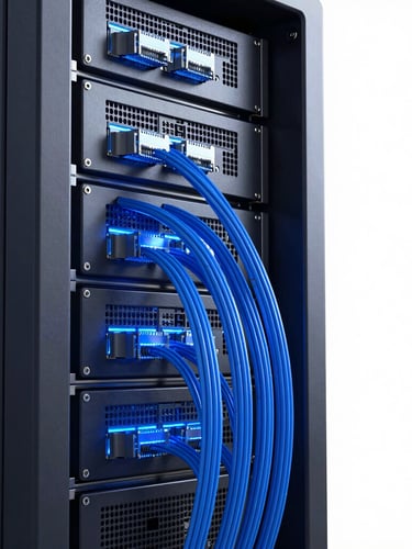 Sleek 3D render of high-performance server rack with glowing blue network cables, dark metallic chassis, extreme close-up, sharp geometric details, cool studio lighting