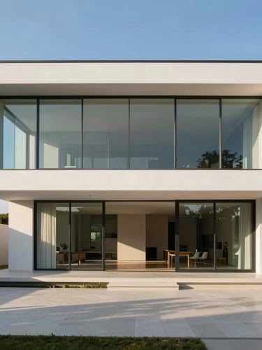 Wide-angle architectural interior of a minimalist custom home at golden hour, highlighting clean lines, expansive glass, and precise structural columns, 35mm lens