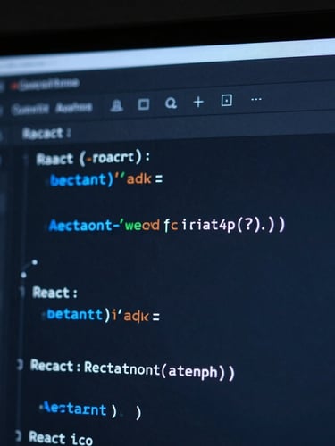 Macro shot of a clean dark-mode code editor displaying React components, soft ambient blue light from the screen illuminating subtle technical details, shallow depth of field, minimalist tech aesthetic.
