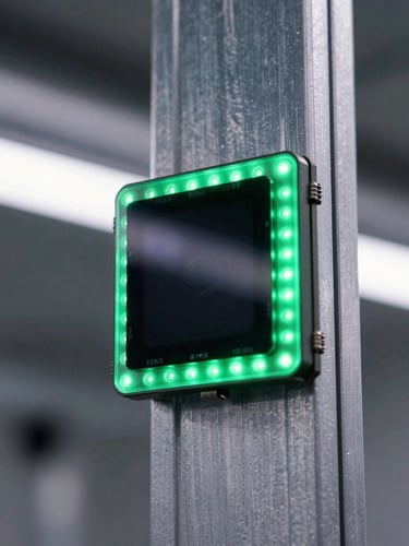 Macro shot of a high-tech Edge AI vision sensor mounted on a steel vertical grow frame, cool-toned green LED status light reflecting off metallic housing, crisp industrial photography, 35mm