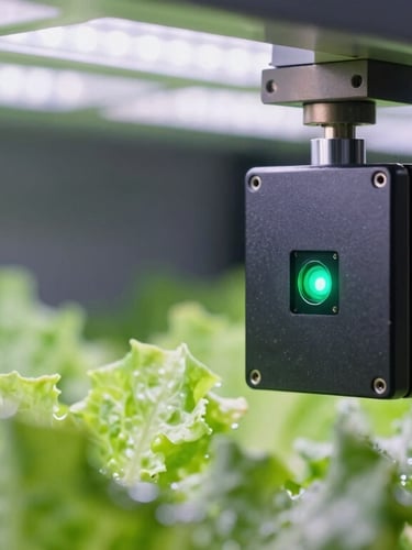 Macro shot of an Edge AI vision sensor encased in black industrial steel, mounted on a vertical farming rack, glowing green indicator light reflecting off crisp wet lettuce leaves, cool grow lights, 35mm.