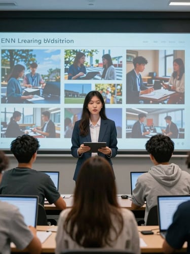 Modern learning environment with diverse high school students collaborating around a large screen displaying educational media, natural lighting with subtle blue glow, 35mm