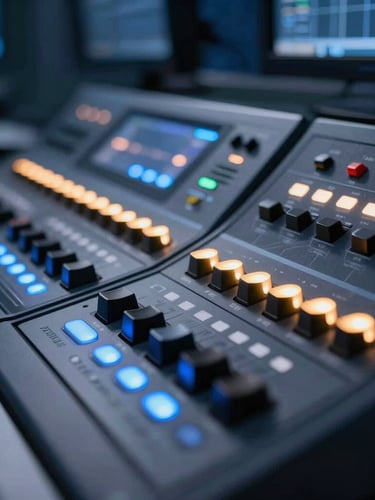 Close-up of professional broadcast equipment in a modern studio, glowing blue and amber live-indicator lights, crisp focus, 35mm