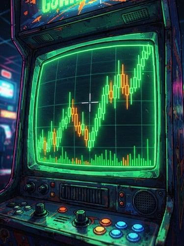 vibrant retro-arcade digital illustration of a pixelated green candlestick chart on a CRT monitor, neon green glow, electric orange accents, dynamic low-angle action