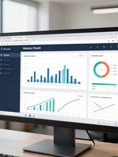 A close-up of a modern analytical dashboard on a monitor screen in a bright Mumbai office, natural daylight, professional corporate atmosphere, 35mm lens.