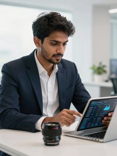 A professional strategist analyzing a live marketing dashboard on a tablet in a bright Mumbai office, 35mm lens, natural light
