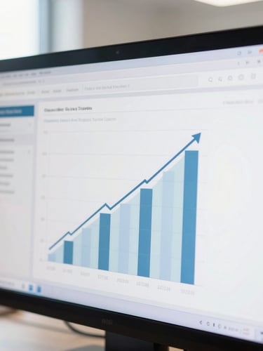 Close-up of a clean analytics dashboard on a screen in a bright Mumbai office, showing upward organic traffic charts, natural daylight.