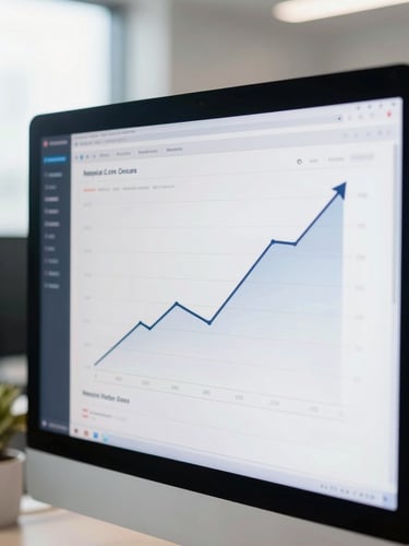 Close-up of a digital analytics dashboard on a screen in a bright Mumbai office, showing upward trend lines, clean daylight, 35mm lens