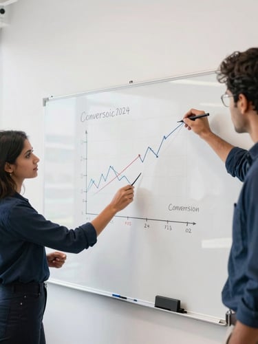 A bright, natural daylight shot of a modern Mumbai office, digital marketing strategists mapping conversion metrics on a whiteboard, crisp navy and clean white tones, 35mm lens.