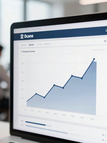Close-up of a clean analytics dashboard on a screen in a bright office, displaying positive growth charts, soft natural daylight, professional environment.