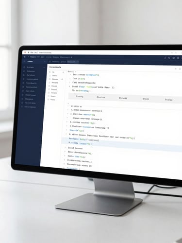 Crisp editorial photo of a modern web development workspace in Mumbai, bright daylight, clean code editor on a high-resolution screen showing structured layout, 35mm lens
