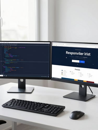 A professional developer's desk in Mumbai, natural window light, dual screens showing clean structured code and a live responsive website preview, 35mm lens