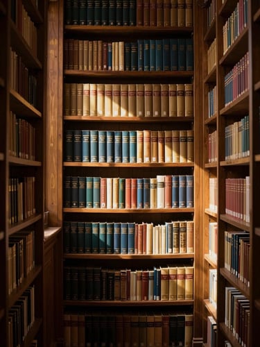 Symmetrical composition of an elegant classical library with warm golden highlights, soft directional natural light, 35mm lens