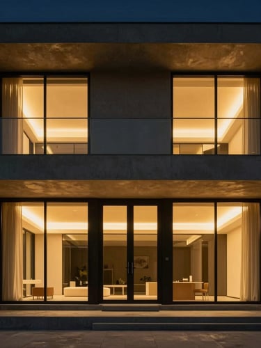 Symmetrical architectural shot of a minimalist luxury villa facade, clean concrete lines, warm golden light reflecting on glass, 35mm lens