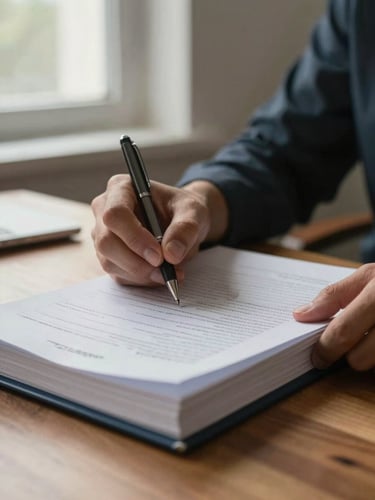 Close-up of hands turning the pages of a thick financial planning document on a wooden desk, natural overcast window light from the left, a pen held between fingers mid-annotation, warm paper tones against dark navy folder edge visible at bottom