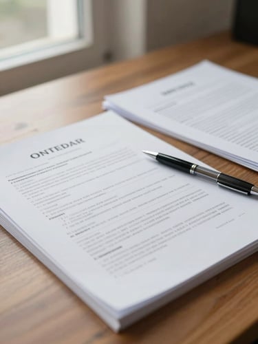 Close-up of an open contract and planning documents spread across a wooden desk, a pen resting mid-page, soft natural daylight from a window at left, papers in focus with shallow depth of field