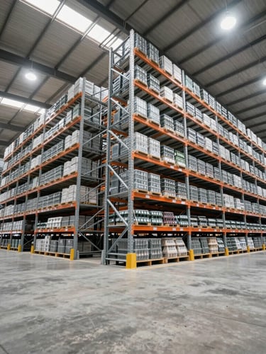 Low angle shot of a massive industrial food warehouse with clean concrete flooring and high-tech steel racks, bright industrial lighting