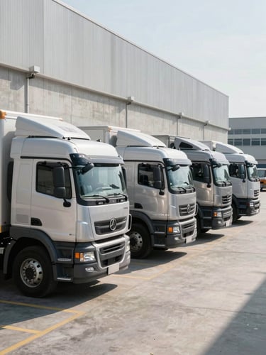 Modern fleet of refrigerated logistics trucks lined up outside a massive concrete distribution center, sharp daylight, metallic tones, professional industrial photography