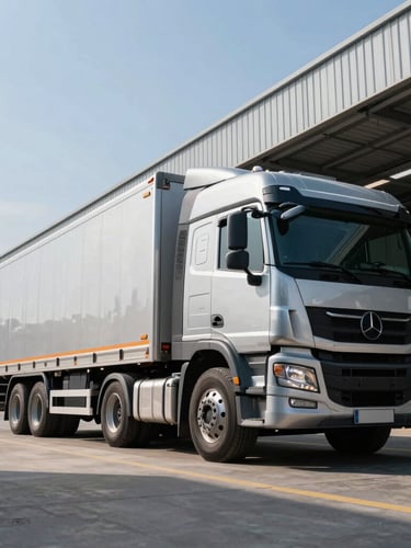 Low-angle professional editorial photograph of a heavy-duty logistics fleet truck parked beside a modern steel warehouse, sharp daylight, deep shadows and metallic tones