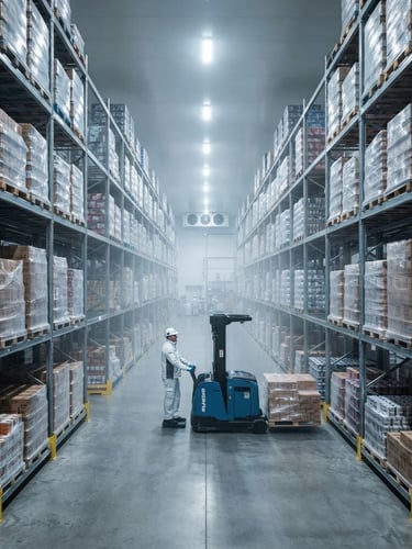Wide-angle architectural interior of a highly organized, sterile industrial food storage facility, stainless steel shelves, bright crisp lighting, cool temperature mist, professional editorial photography