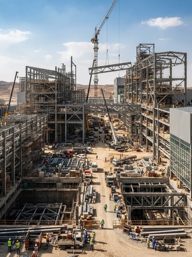 Wide environmental shot of a modern industrial construction site in Saudi Arabia, steel structures, high-contrast daylight, clean architectural framing