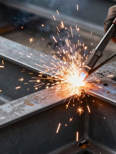 Close-up of industrial welding work on a heavy steel beam, bright orange sparks flying, dark metallic background, sharp focus, professional contracting photography
