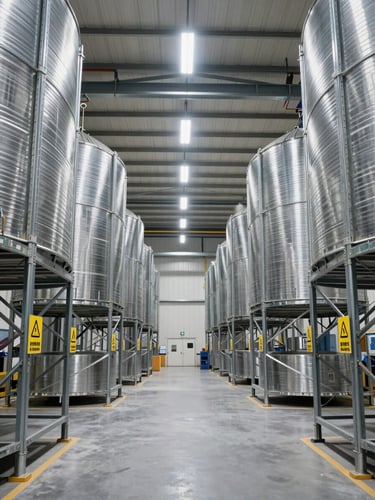 Interior of a highly organized industrial food storage warehouse in Riyadh, clean steel racks, professional crisp lighting, safety signage, no people