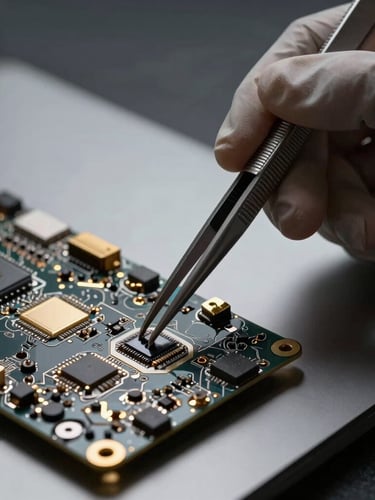Extreme close-up of gloved hands using precision tweezers on a dark metallic MacBook logic board, high-contrast studio lighting, gold accents reflecting light.