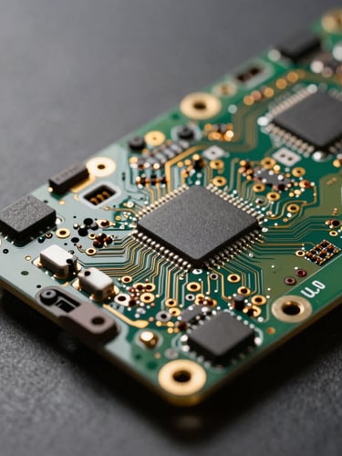 Macro shot of a pristine Apple logic board under dramatic studio lighting, showcasing gold-plated micro-circuits and precise soldering work.