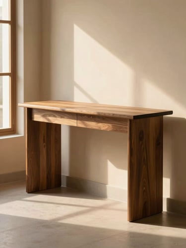 Warm editorial photography of a minimalist walnut console table in a sunlit Lahore living room, soft golden-hour window light, 35mm