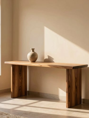 A bright, airy modern Pakistani living room with soft golden-hour light streaming in. In the center, a hand-finished solid walnut console table sits elegantly against a warm beige wall. Minimalist decor items like a ceramic vase are placed on top.