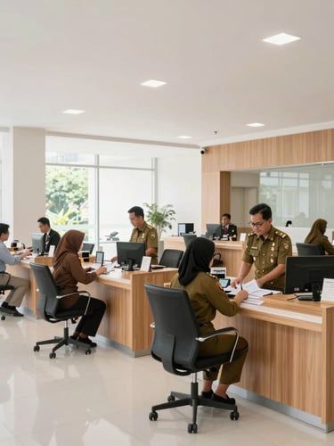 Bright natural daylight interior of a modern government service hall in Semarang, clean minimalist wooden service desks, friendly officers in neat uniforms helping citizens, wide angle high-readability composition