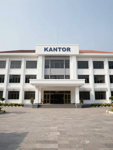 Front view of the clean, modern architecture of Kantor Kementerian Agama Kota Semarang in bright natural daylight, wide angle, high-readability composition