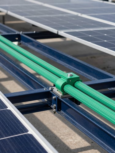 Crisp industrial photography, bright daylight, close-up of a clean industrial solar panel installation with deep navy steel frames and emerald green wiring details, sharp focus, 35mm