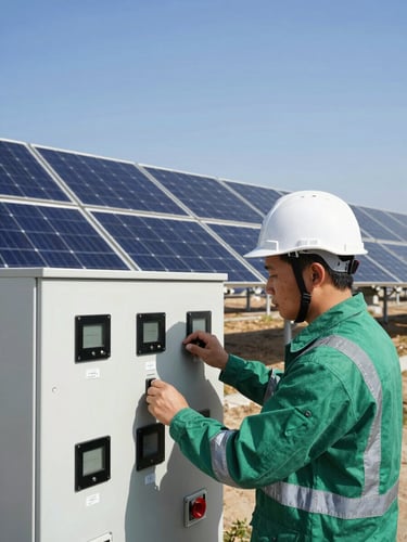 Vista de perfil de un ingeniero con casco de seguridad examinando un panel de control de alta tecnología en una planta solar moderna, iluminación diurna brillante, tonos azules y verdes, enfoque nítido, 35mm