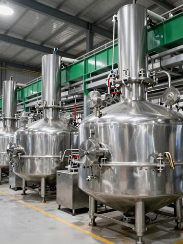 Crisp industrial food processing facility daylight view, clean modern stainless steel equipment, high-contrast architectural lighting, 35mm photography