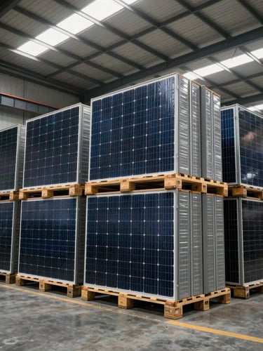Wide shot of a modern industrial warehouse in India with stacked solar module pallets under clean overhead lighting, ready for transport.