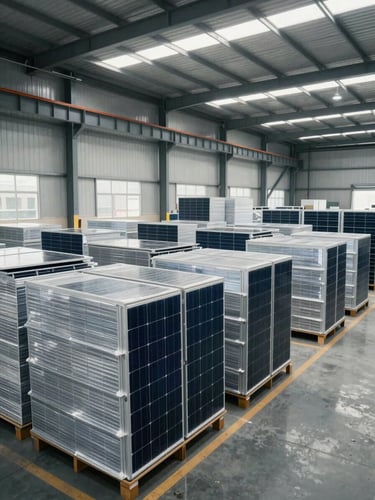 Wide shot of a modern clean industrial warehouse in India, stacked high with packaged solar panels, bright warehouse lighting, professional logistics environment.