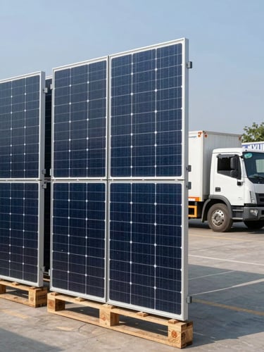 A vertical portrait of a modern solar distribution warehouse in India, with stacked Tier-1 PV modules on pallets and a delivery truck in the background, bright daylight.