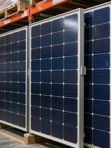 Close-up of high-efficiency Tier-1 solar modules stacked securely in a modern, well-lit regional distribution warehouse, industrial shelving visible.