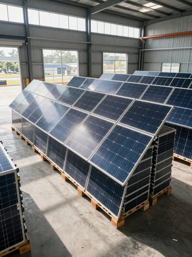 Wide shot of a modern industrial warehouse in India with solar panels neatly stacked on pallets, clean concrete floor, bright daylight streaming through high windows