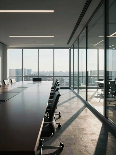 Wide shot of a deserted corporate boardroom interior — glass wall to the right third, a long dark table receding toward a floor-to-ceiling window, cool early-morning directional light cutting sharp geometric shadows across the surface, no people, architectural precision